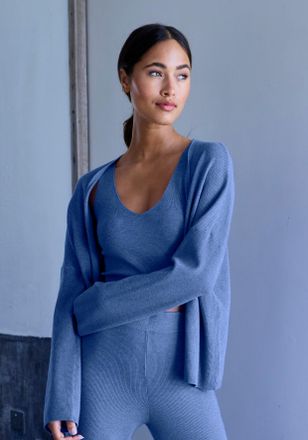 Copenhagen Cardigan COPENHAGEN STUDIOS, Damen, Gr. 32/34, blau, Rippstrick, Obermaterial: 50% Viskose, 28% Polyester, 22% Nylon, unifarben, figurumspielend h&uuml;ftl