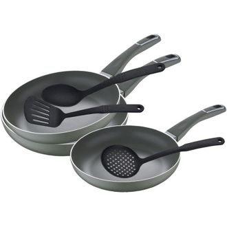San Ignacio Juego De Sartenes (20,24 Y 28 Cm) San Ignacio Trebol De Aluminio Prensado Y Set De Utensilios De Cocina En Nylon