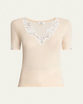 Chlo&eacute; Floral Guipure Lace V-Neck Fitted Top