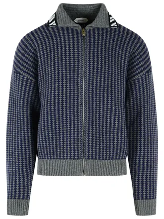 Versace Blue Grey Shirt Collar Knit Zip-Through Knit
