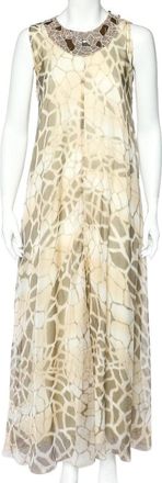 Roberto Cavalli Beige Printed Silk Chiffon Embellished Neck Detail Sleeveless Dress