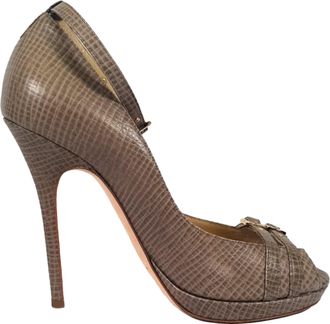 Jimmy Choo London Textured Peep-Toe Ankle Strap Pumps in Brown Leather