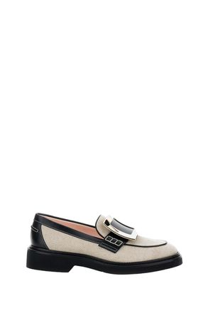 Roger Vivier Beige Woven Flats with Bold Black Buckle Detail
