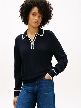 Tommy Hilfiger Womens Lightweight Tipped Sweater Polo - Navy - XXL