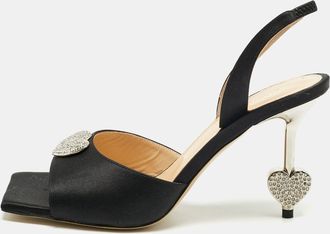 Mach & Mach Black Satin Heart Crystal Slingback Sandals