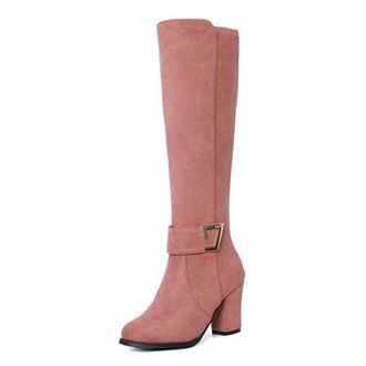 Generic Pink,7.5 UK,Fashion Belt Buckle Knee high Boots for Womens Round Toe Chunky Heels Tall Boot Suede Party Club Fall Winter Comfy Dress Shoes