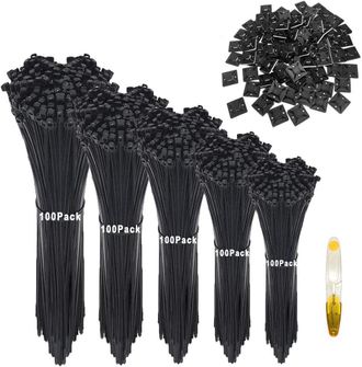 OEM 500 Bridas De Nailon De 100/150/200/250/300 Mm Para Cables De Interior Y Exterior, Herramientas Y Acabados De Jard&iacute;n + 50 Bases Adhesivas Negras