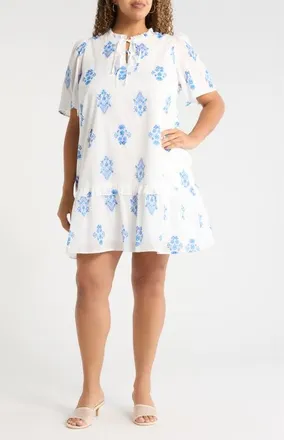 Sugarlips Yila Kuna Tiered Floral Minidress in Wht-Blues at Nordstrom, Size 2 X