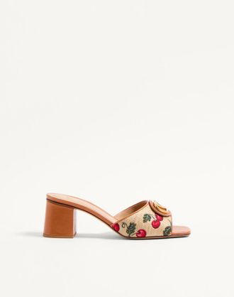 Valentino Garavani Sandalo Slide VLogo Signature In Rafia Jacquard Con Motivo Cherryfic 60Mm Donna NATURALE/ROSSO 36.5