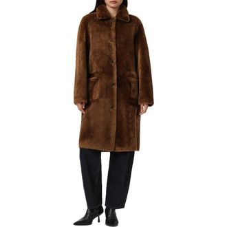 AllSaints Serra Reversible Genuine Shearling Coat in Bitter Brown at Nordstrom, Size X-Small