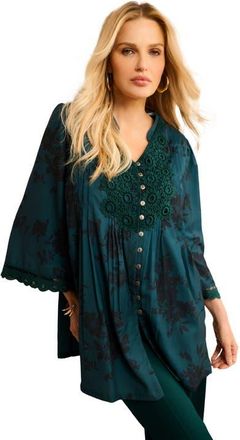 Roaman's Plus Size Juliet Lace Trim Button Down Shirt in Emerald Black Bouquet at Nordstrom, Size 32