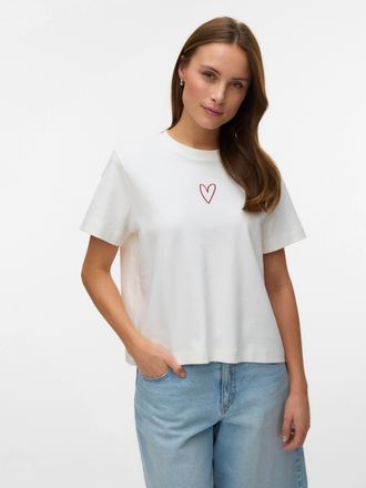 Vero Moda Kurzarmshirt VERO MODA VMSARA METTE SS TOP BOX JRS GA NOOS, Damen, Gr. XL, snow wei&szlig; detail:rio rot heart, Jersey, Obermaterial: 100% Baumwolle, regul