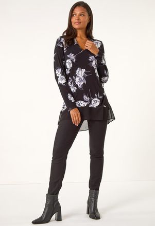 Roman Floral Print V-Neck Chiffon Hem Top