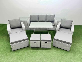 Fimous 9-seater Patio Rectangular Table Sofa Set with 2 Side Tables in Light Grey