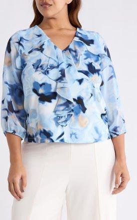 Anne Klein Cascade Ruffle Floral Print Top in Lakeshore at Nordstrom Rack, Size 1 X