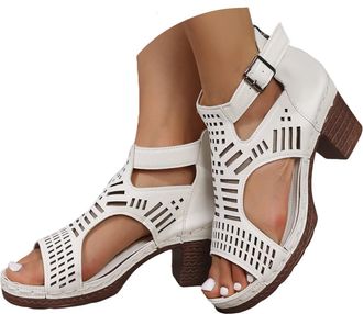 Generic Chunky Heeled Sandals for Women Bohemian Stacked Heeled Cutout Sandals Open Toe Summer Block Heel Booties Ankle Buckle Fashion Dress Sandal with Back 