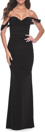 La Femme Off the Shoulder Net Jersey Dress with Ruching in Black at Nordstrom, Size 00