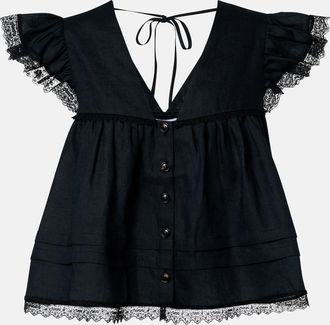 Ganni Lace-trimmed linen top