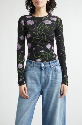 Stella McCartney Twisted Floral Mesh Top in Black Multicolor at Nordstrom, Size X-Small