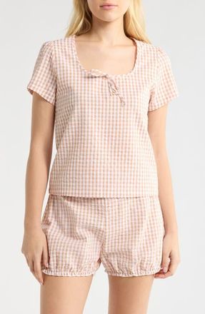 French Connection Gingham Seersucker Bloomer Short Pajamas in Tan Combo at Nordstrom, Size X-Large