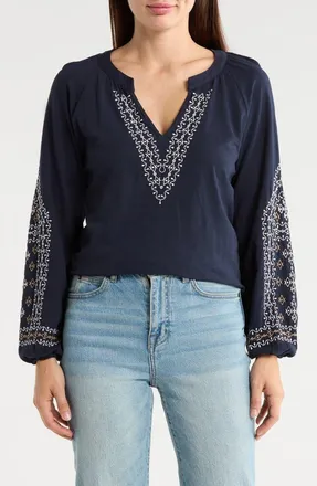 Nic+Zoe Solstice Embroidered Cotton Blouse in Dark Indigo at Nordstrom Rack, Size Xx-Large