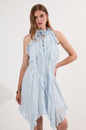 Karen Millen Womens Viscose Georgette Ruffle Halter Neck Woven Top Mini Dress - Blue - Size 12 UK