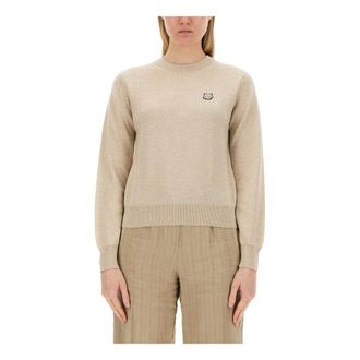 Maison Kitsun&eacute; Truien & Vesten, Dames, Beige, L, Wol, Regular trui met Bold Fox Head-patch