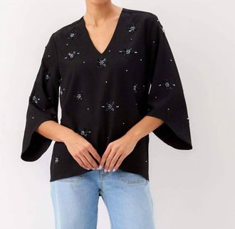 Karen Kane Bracelet Sleeve Embellished Asymmetric Top - Petite In Black