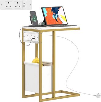 HOMCOM C Shaped Side Table - Faux Marble Bedside Table with Charging Station | TJ Hughes