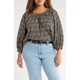 Treasure & Bond Long Sleeve Print Top in Black- Ivory Coco Fan at Nordstrom Rack, Size 3X