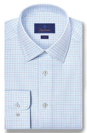 David Donahue Trim Fit Light Blue Check Cotton Dobby Dress Shirt in Sky/Dune at Nordstrom, Size 14.5 - 32