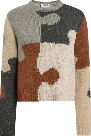 Moschino Maglia Patchwork Abstract Wool-Blend Sweater