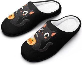 Generic Black Cat And Fishes Mens Slippers Memory Foam Winter Warm Sandals Slip On House Shoes Size 7-14