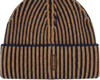Moorer Mens Ribbed Knit Beanie Hat In Vicuna/marine