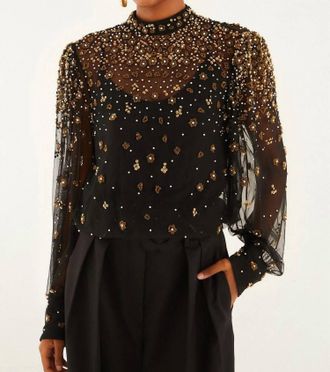 Farm Rio Embroidered Bubble Tulle Blouse In Black