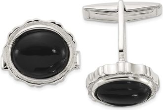 Diamond2Deal Sterling Silver Polished Round with Textured Sides Onyx Cuff Links