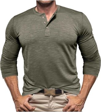 Generic Mens Regular-Fit Long-Sleeved Henley Shirt Casual Loose Comfortable Top Green
