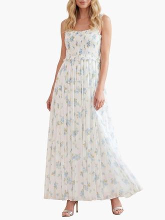 Needle & Thread Magnolia Ditsy Chiffon Cami Ankle Gown in White/aqua at Nordstrom, Size 10