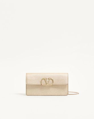 Valentino Garavani VLogo Signature Laminated Grainy Calfskin Wallet With Chain Woman PLATINUM UNI