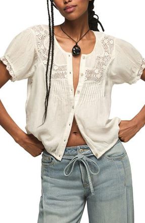 Lucky Brand Crochet Stitch Puff Sleeve Top in Whisper White at Nordstrom, Size X-Large