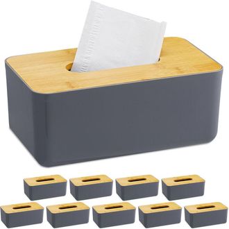Relaxdays Set 10 Cajas Pa&ntilde;uelos Tapa Bamb&uacute;, Rellenables, Cuarto Ba&ntilde;o, Dispensador Toallitas, Pl&aacute;stico, 10x23x13cm, Gris Y Natural