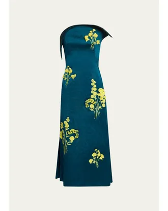 Erdem Sculptural Strapless Embroidered Textured Satin Midi Dress