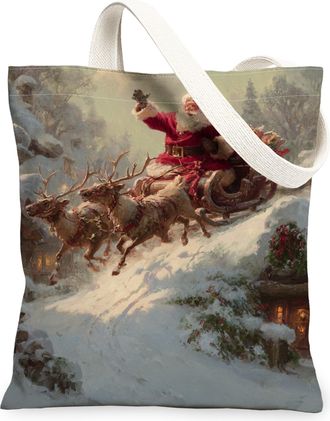 Generic Christmas Reindeer Canvas Tote Bags, Holiday Art Pattern Reusable Shopping Bags, Winter Lightweight Washable Canvas for Tra, White, 13x15 Inch