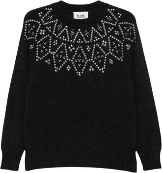 Alpha Studio Trui met Ronde Hals en Studs - Dames - Truien - Zwart - Maat: M