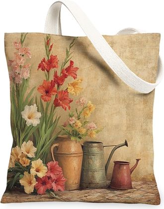 Generic Spring Farmhouse Gladiolus Canvas Tote Bag for Shopping 13x15, Rustic Vintage Floral Reusable Grocery Print Bag for Women, Country Flower Beach Aesthe