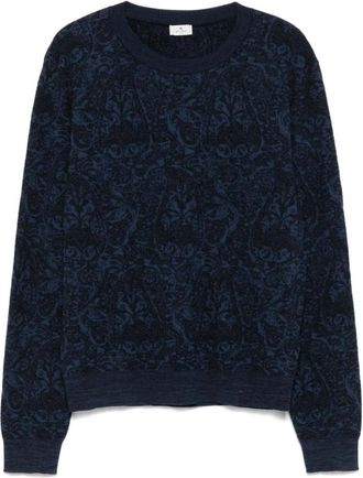 Etro Wollen Jacquard Trui met Katoen - Heren - Ronde hals truien - Blauw - 2XL - Katoen - Truien & Vesten