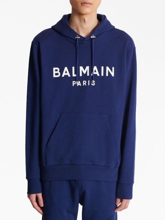 Balmain Mens Logo Printed Hoodie in Navy Cotton - Size X-Large