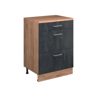 Vicco Armario De Cocina Para Techo Inclinado R-line, Hormig&oacute;n Negro, 60 Cm Sin Inclinaci&oacute;n Con 3 Cajones, Vicco