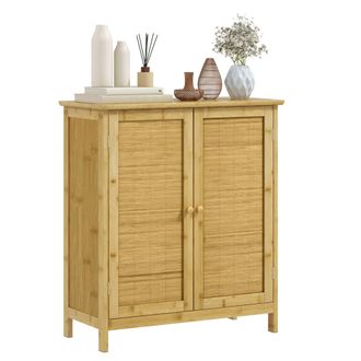 HOMCOM Homcom Aparador De Bamb&uacute; De 2 Puertas, Aparador De Sal&oacute;n Bohemio Con 2 Estantes, Para Cocina, Entrada, Dormitorio, Natural, 60x27x67,5 Cm