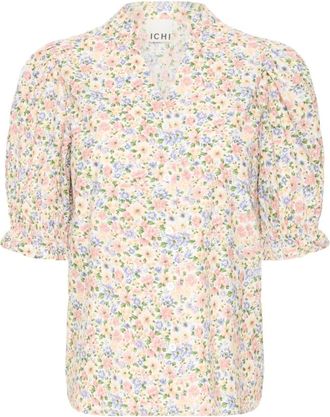 Ichi Bloemen Cloud Dancer Blouse - Dames - Blouses - Veelkleurig - S - Katoen - Overhemden